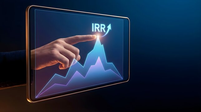 Hand touching irr graph on futuristic tablet screen with upward trend in dark setting