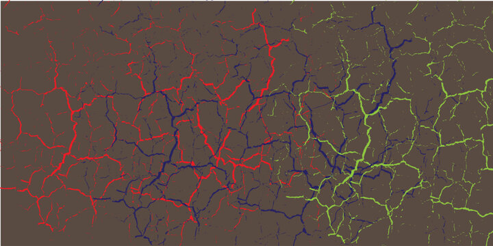 An abstract cracked surface with glowing red and green neon lines, creating a futuristic and dramatic visual effect.