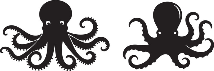 Set of octopus sea creature silhouette icons, detailed marine animal illustration for deep ocean theme or nautical graphic design elements. © SUSAMA