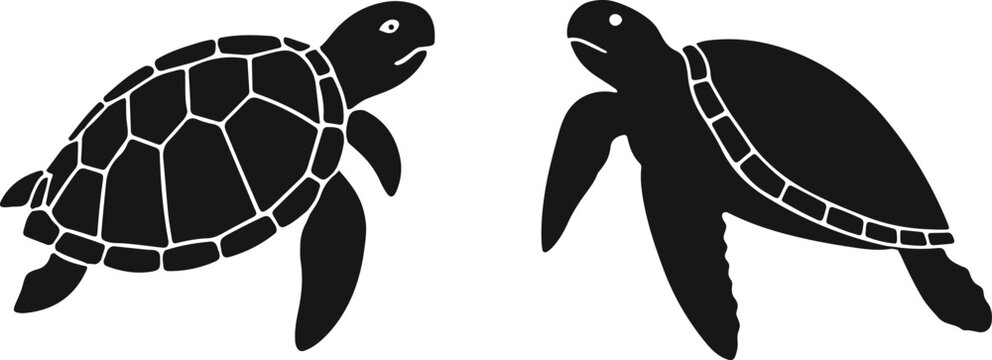 Pair of sea turtles swimming in the ocean icon, elegant marine reptile silhouette for conservation project or nautical-themed graphic design.