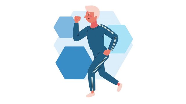 Flat animation of elderly man running in blue tracksuit for healthy lifestyle and fitness wellness concept.
