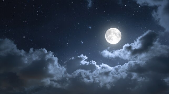 Majestic full moon illuminating a starry night sky with beautiful clouds gently drifting under the celestial wonder