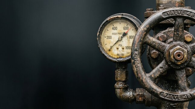 Closeup of a weathered industrial pressure gauge and valve wheel