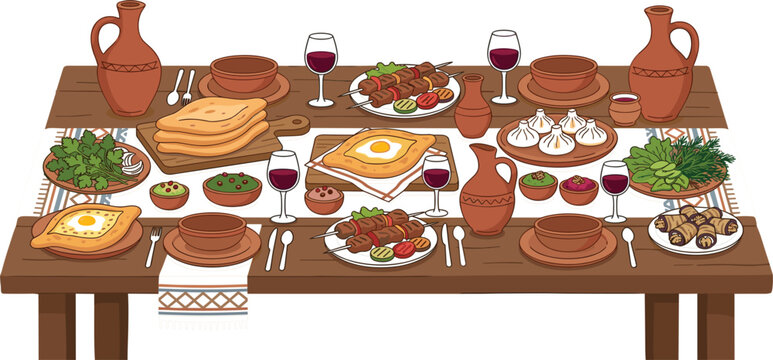 Traditional Middle Eastern Feast Illustration Featuring Kebabs, Flatbread, Wine, Fresh Herbs, Dumplings, and Rustic Dining Table Setup for Cultural Food Designs