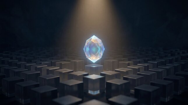 Illuminated Crystal on Geometric Platform: A captivating, radiant crystal prism stands atop a geometric platform, illuminated by a focused beam of light in a dark, mysterious setting.