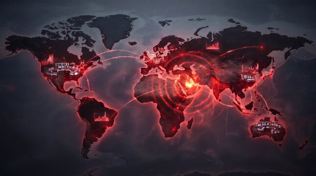 World Map: A vivid digital illustration of the world map highlighted with pulsating red indicators, signifying a global issue or network. 