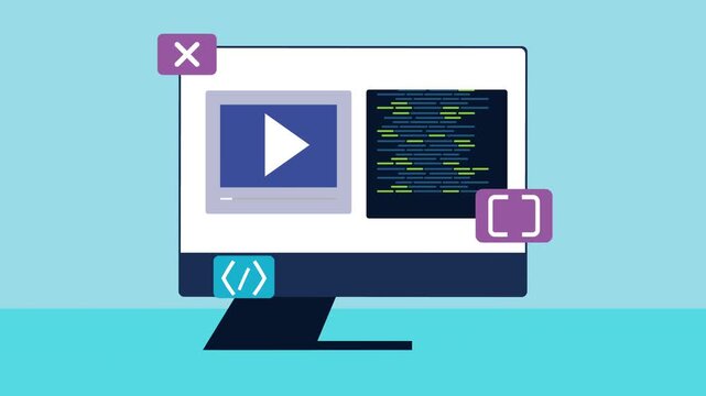 Computer screen displaying code and video player with icons and cursors animating.