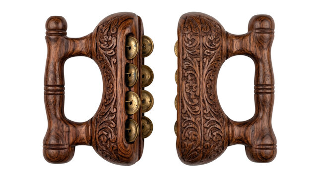 Traditional Indian Khartal musical instrument, ornate carved wooden percussion clappers, folk music hand cymbal pair with brass bells isolated PNG with Transparent Background