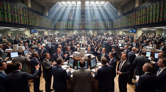 Stock Exchange Floor Activity: A bustling scene on the stock exchange floor, with brokers and traders engrossed in their work amidst a dynamic, fast-paced environment.