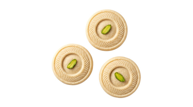 Traditional Middle Eastern Barazek cookies with pistachios, sweet honey sesame biscuits, golden semolina shortbread pastries with nuts isolated on Transparent Background
