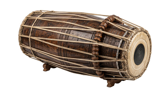 Traditional Indian Pakhawaj drum, classical wooden percussion instrument, double-headed mridangam for devotional music and folk performances isolated on Transparent Background