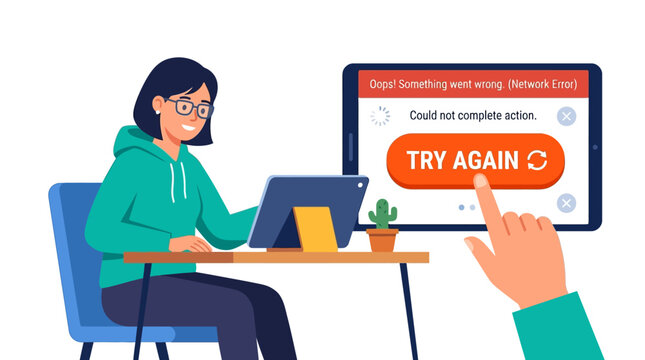 Woman tries again on laptop with error message on screen