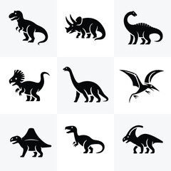 Set of black silhouette featuring different types of prehistoric dinosaurs isolated on a white background © Sifat
