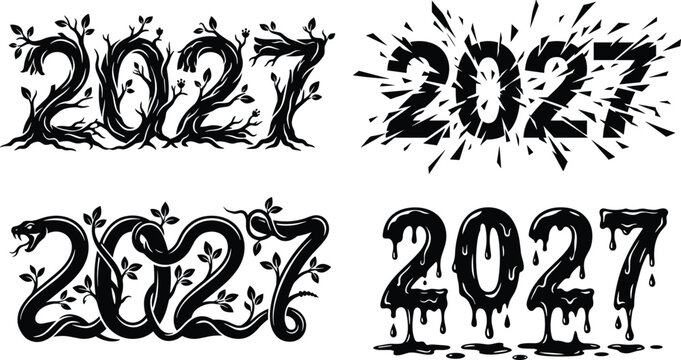 Set of four 2027 year featuring tree branches, shattered glass, snake body, and melting liquid styles isolated on a white background