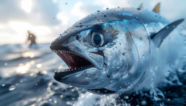 水しぶきを浴びる大型魚の迫力ある超接写 generative ai