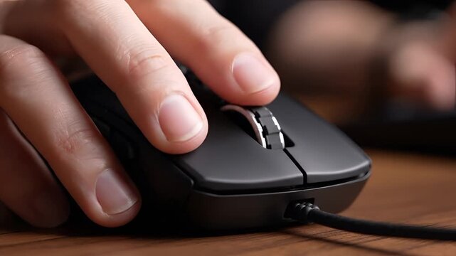 Closeup of a hand using a computer mouse on a wooden desk.