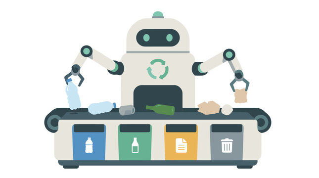 Friendly Robot Demonstrating Waste Sorting on Conveyor Belt.