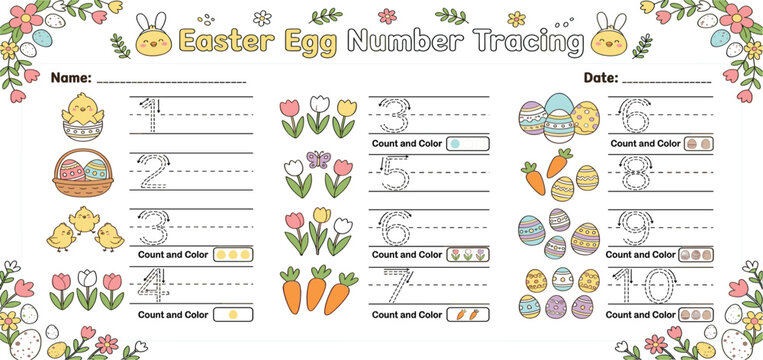 Easter Egg Number Tracing Worksheet Featuring Counting Activities, Coloring Tasks, Spring Flowers, Cute Chicks, and Educational Preschool Learning Pages