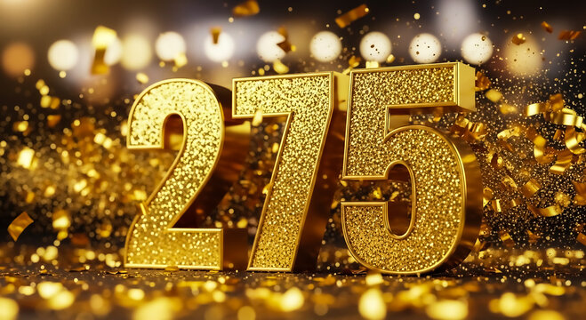 Celebratory golden numbers '275' surrounded by glittering confetti and soft bokeh lights, creating a festive atmosphere.