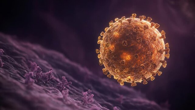 Microscopic cinematic footage of a glowing orange HANTAVIRUS particle with spike proteins