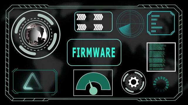 Futuristic HUD Interface with "Firmware" Acronym in Glowing Blue Concentric Circles and Digital Background, 4K Animation Video of The World Digital Data Cyber Technology.