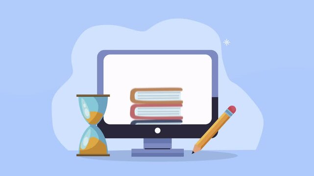 Animated computer monitor with stack of books and hourglass on blue background for online education.