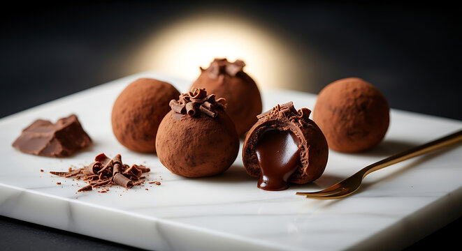 Decadent chocolate truffles with a molten center and chocolate shavings on a marble board.