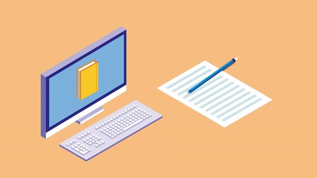 Isometric education animation featuring computer desktop with textbook icon and pencil writing on paper document.