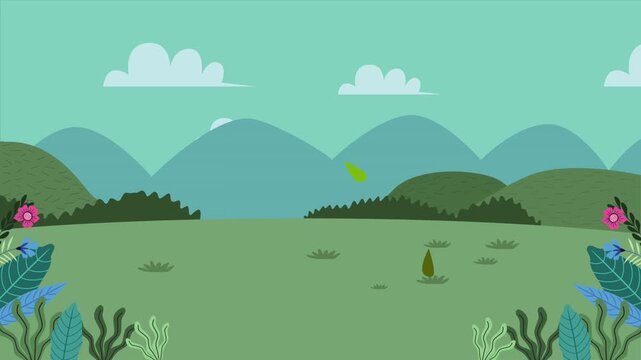Cartoon nature landscape with rolling hills green grass and animated clouds in flat design style.