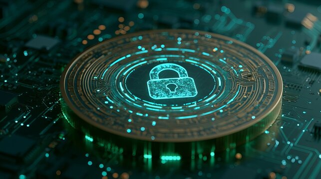 A close-up of a secure cryptocurrency coin with a padlock on a circuit board background