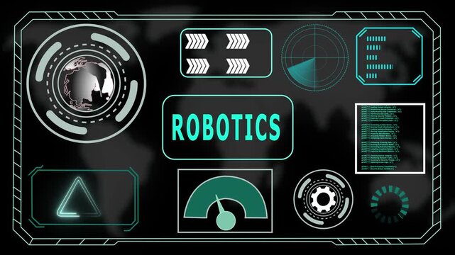 Futuristic HUD Interface with "ROBOTICS" Acronym in Glowing Blue Concentric Circles and Digital Background, 4K Animation Video of The World Digital Data Cyber Technology.