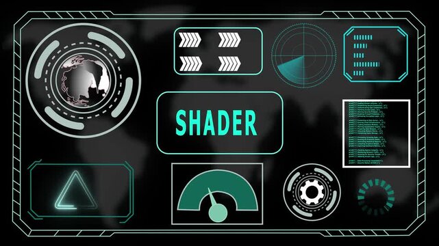 Futuristic HUD Interface with "SHADER" Acronym in Glowing Blue Concentric Circles and Digital Background, 4K Animation Video of The World Digital Data Cyber Technology.