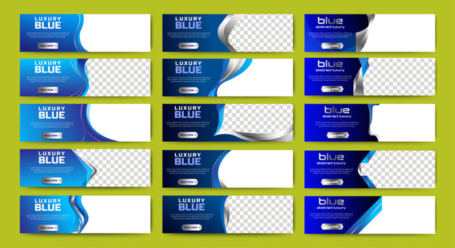 Big set of horizontal business banner templates with blue and silver background. Modern technology design, abstract background layout with photos. Editable Vector corporate and advertising business ba