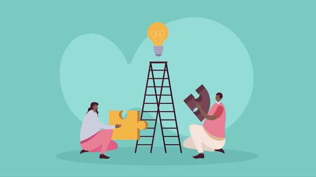 Creative teamwork animation with diverse people holding puzzle pieces and light bulb over ladder for business solutions.