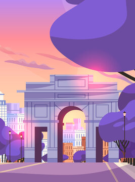 Madrid Spain cityscape Puerta de Alcalá monument sunset modern buildings purple trees urban street landscape website banner