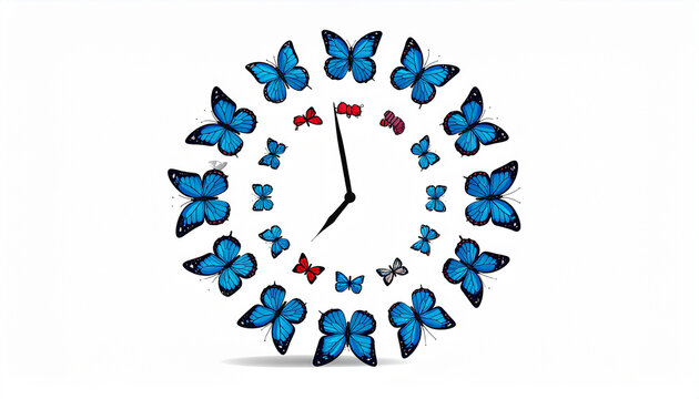 Clock face formed by many blue butterflies and a few red butterflies.clock, time