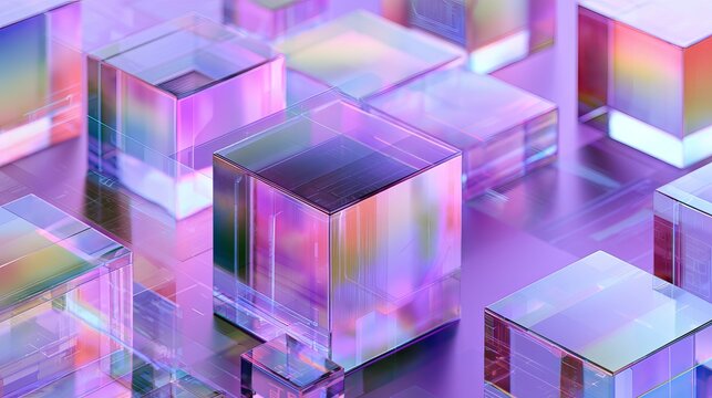 A futuristic arrangement of iridescent glass cubes in a vibrant purple hue with rainbow reflections