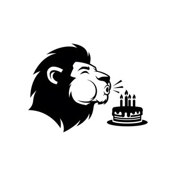 Cartoon lion blowing out candles on a birthday cake