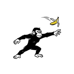 Cartoon chimpanzee throwing a yellow banana in the air © khan