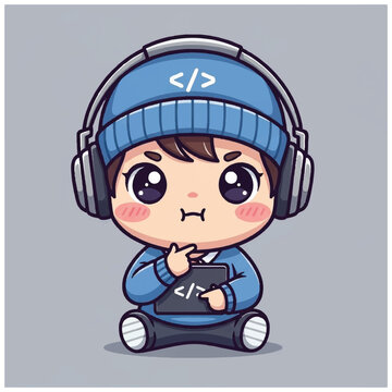 Cartoon boy wearing headphones and beanie.
