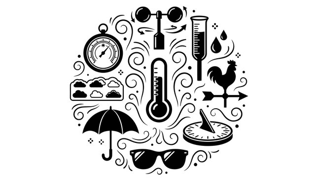 Weather observation tools arranged in comprehensive meteorological station design featuring thermometers barometers anemometers and rain gauges
