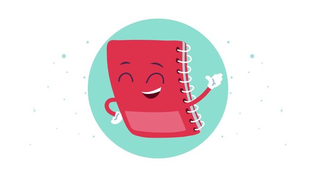 Happy red notebook character waving with a thumbs up sign in a circular motion on a white background with moving particles.