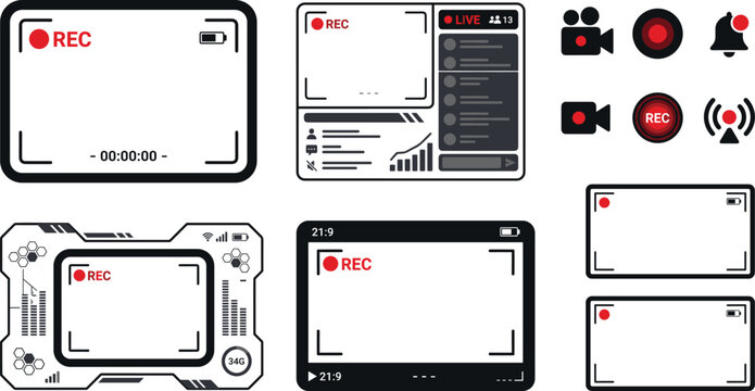 Streaming Recorder Interface Icon Set with Live Video Frames, REC Screens, and Broadcast Overlay Elements for Digital Media Design