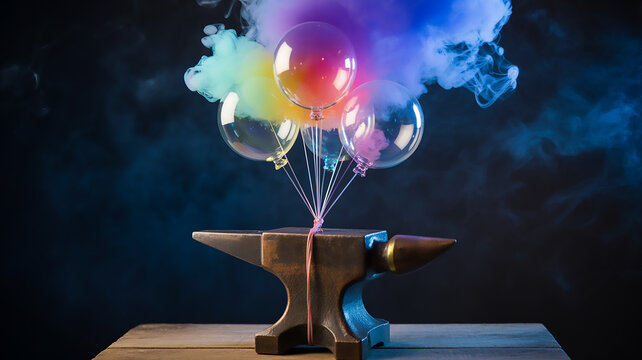 Clear balloons filled with colorful smoke float above an antique blacksmith anvil on a wooden surface