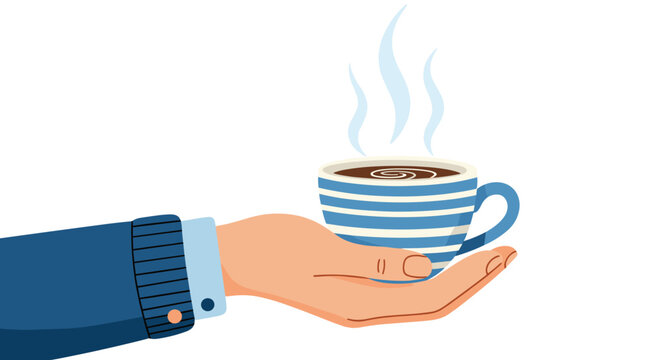 Human hand holding a blue striped ceramic cup of steaming hot coffee with a white heart swirl design on the dark liquid surface.