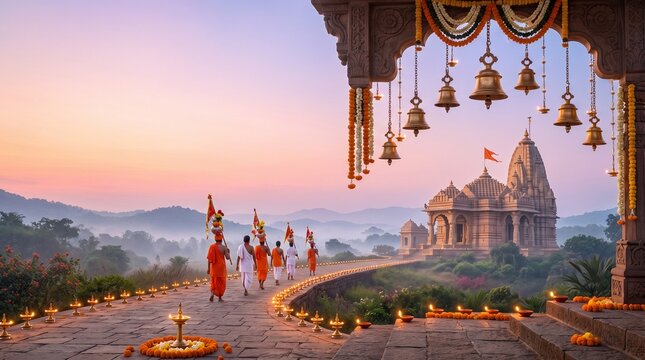 Spiritual Bol Bam Yatra Background Featuring Elegant Pastel Gradients, Golden Temple Bells, and Divine Sacred Lights for Hindu Pilgrimage Celebration