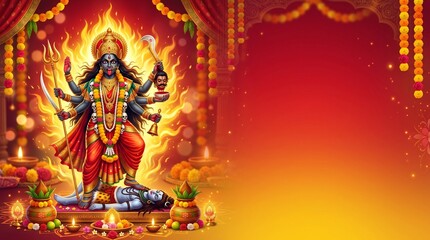 Fototapeta premium Bonalu Festival Gradient Banner with Fierce Goddess Mahakali Divine Aura, Vibrant Red and Yellow Tones for Traditional Indian Hindu Celebration.