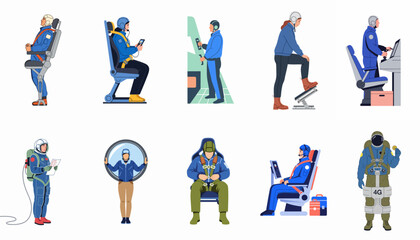 Flat vector illustration set of astronauts and pilots in various space training and flight operation scenarios isolated on white background. © PaPat