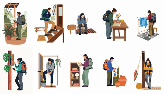 Collection of diverse hikers and backpackers preparing for or resting during their journey in hostels and guest houses, flat vector illustration style.