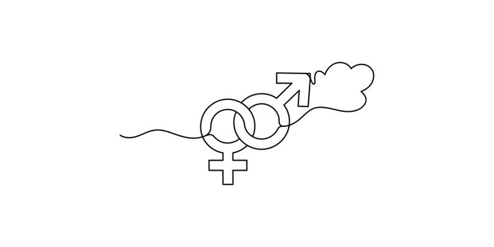 Interconnected male and female gender symbols with a sperm cell in a simple line drawing style on white background